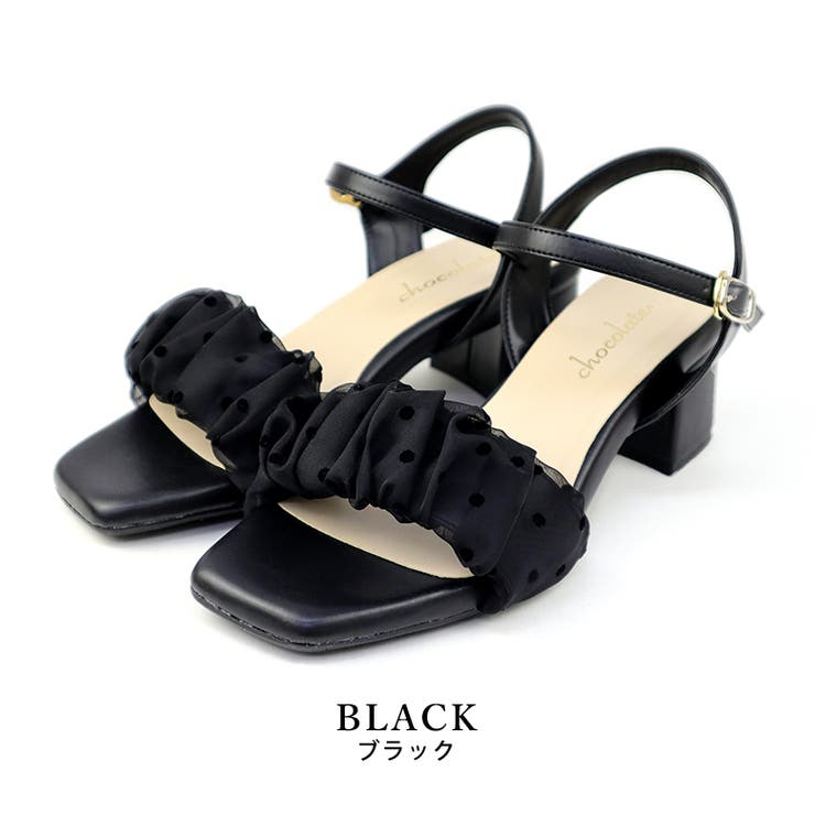 black | 日本製  レースギャザー ストラップサンダル | SHOE FANTASY