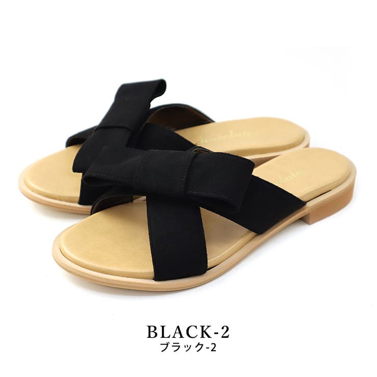 black-2 | 日本製 リボン付き ぺたんこミュールサンダル | SHOE FANTASY