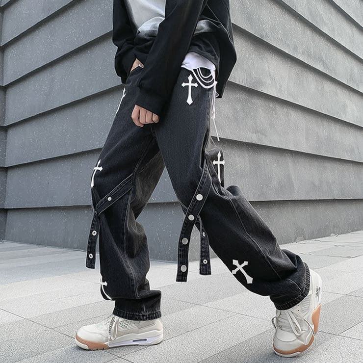 メンズ ブラック スウェット パンツ XL ワイドパンツ 十字架 韓国 通販