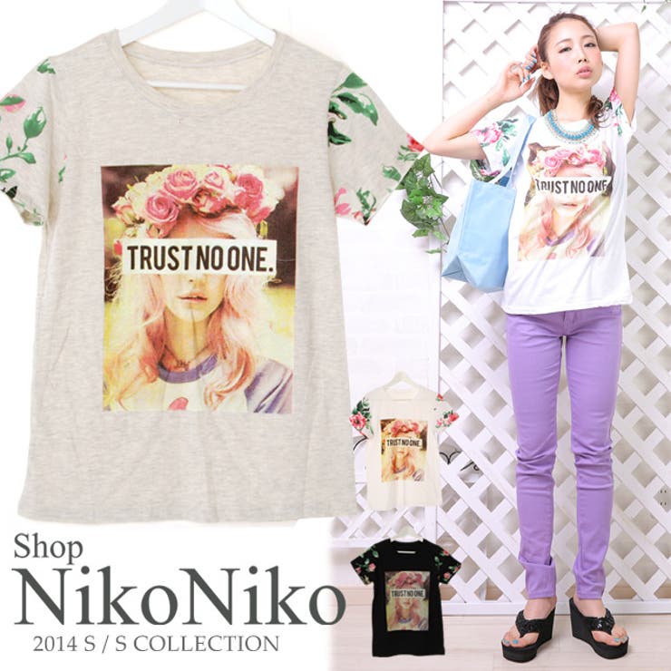 半袖花柄プリントTシャツ トップス ガーリーデザインプリント[品番