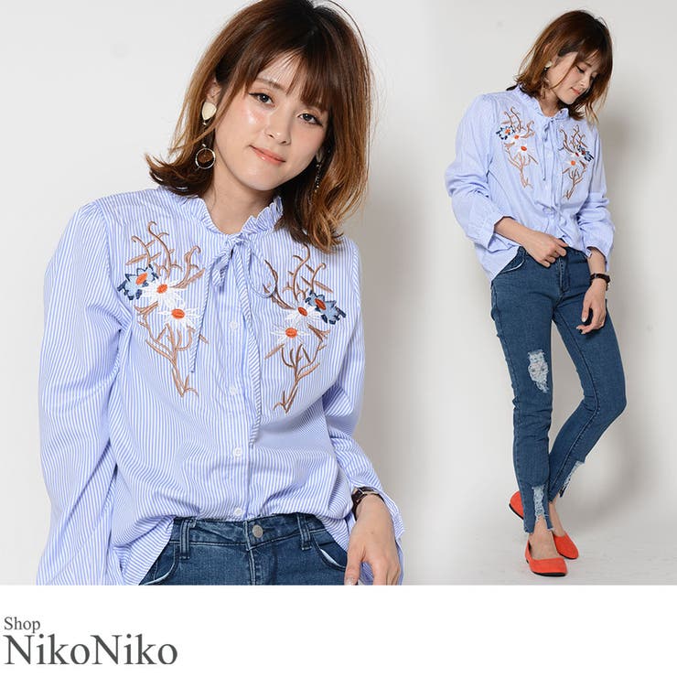 夏新作 ストラップ刺繍ストライプシャツ ma | ShopNikoNiko | 詳細画像1 