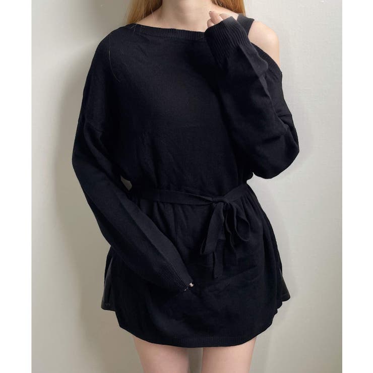 ブラック | 冬新作 ワンショルドッキングチュニック トップス | ShopNikoNiko