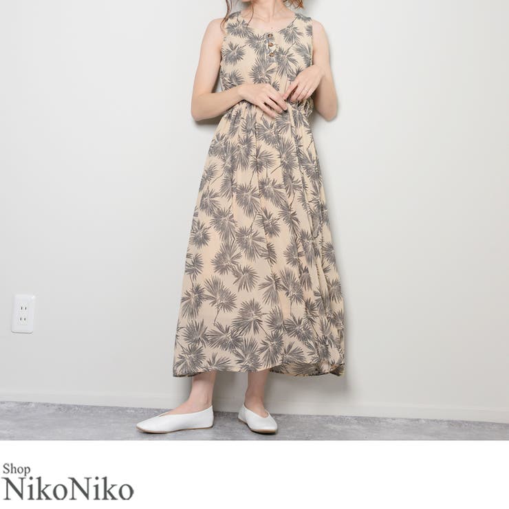 夏新作 ヤシ柄ヘンリーノースリワンピース シンプル[品番：MG000007477