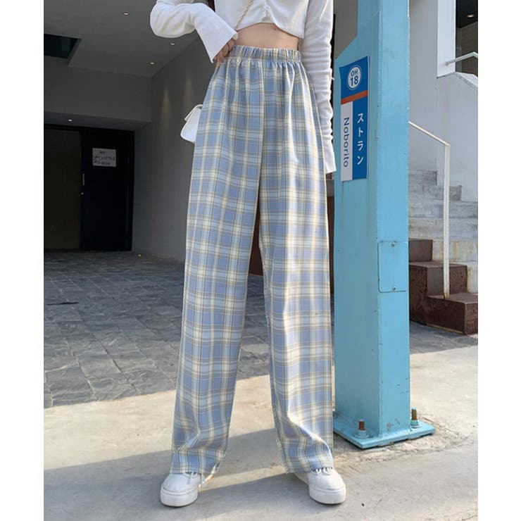 ブルー | 冬新作 ギンガムチェック ワイドパンツ | ShopNikoNiko