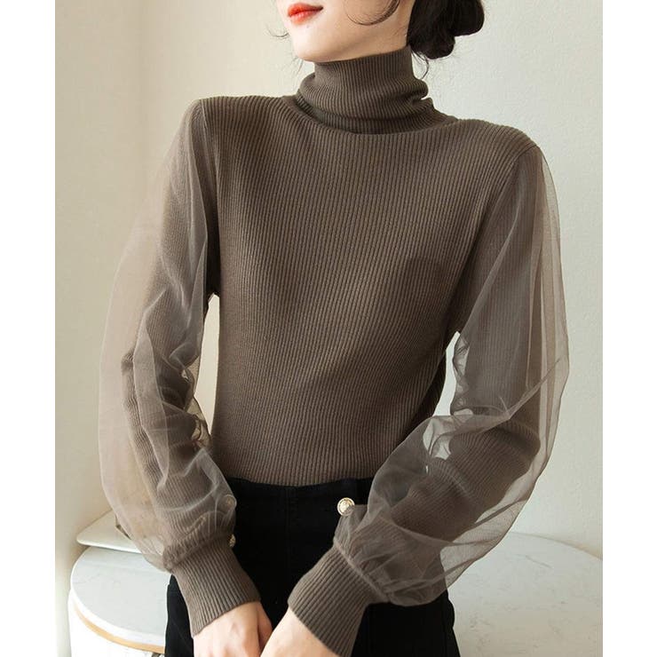 ブラウン | 冬新作 袖チュール タートルネック | ShopNikoNiko