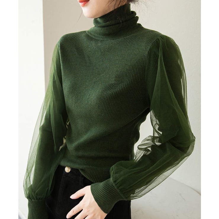 グリーン | 冬新作 袖チュール タートルネック | ShopNikoNiko