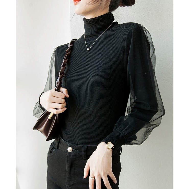 ブラック | 冬新作 袖チュール タートルネック | ShopNikoNiko