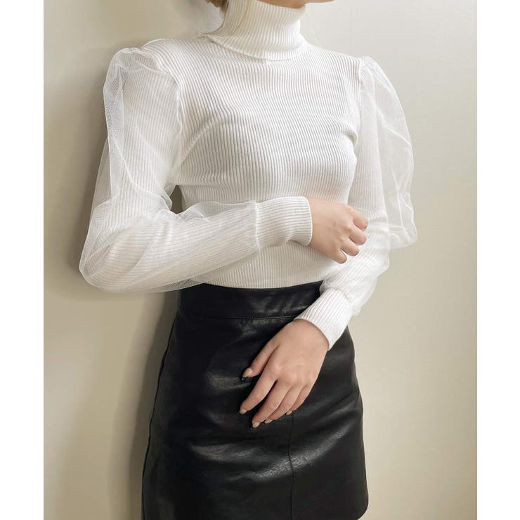 ホワイト | 冬新作 袖チュール タートルネック | ShopNikoNiko