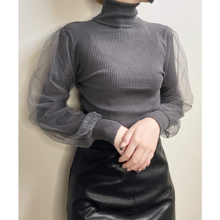 グレー | 冬新作 袖チュール タートルネック | ShopNikoNiko