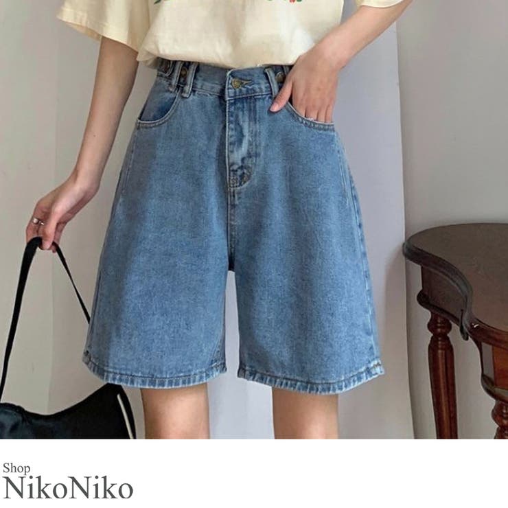 2色 デニム ハーフ パンツ ハイウエスト ウォッシュ加工 無地 4 ウォッシュドハーフデニムワイドパンツ TO0082 – YOLO（ヨロ
