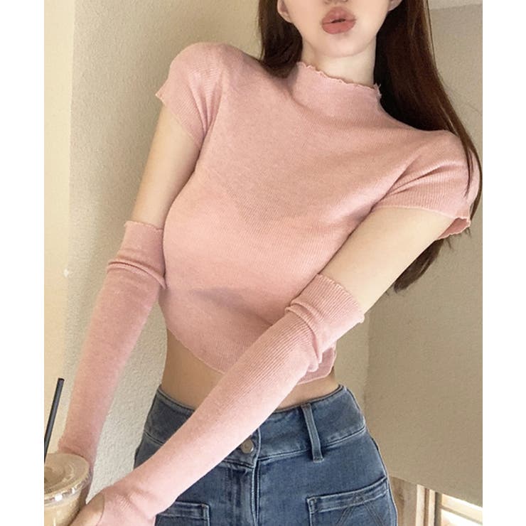 ピンク | 冬新作 アームカバー付き クロップド丈トップス | ShopNikoNiko