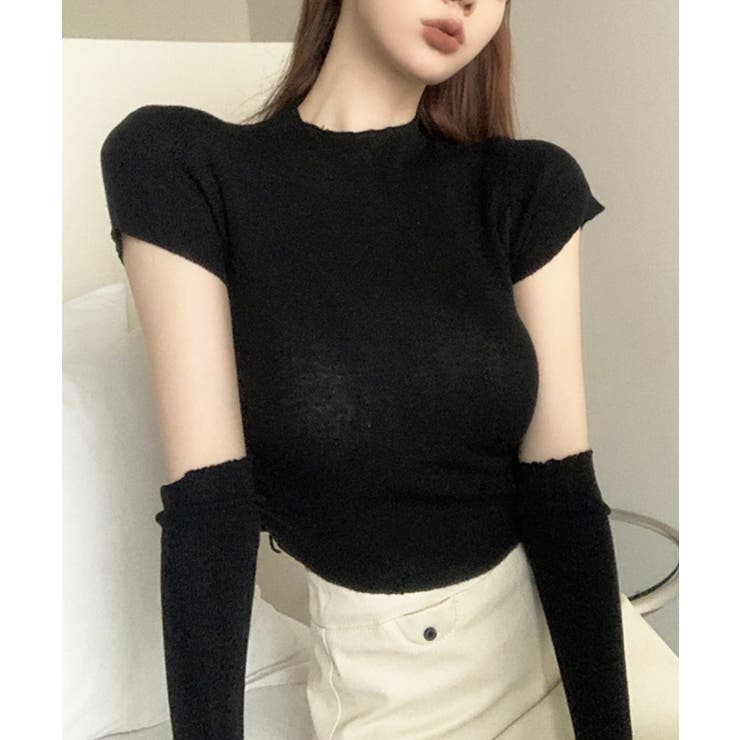 ブラック | 冬新作 アームカバー付き クロップド丈トップス | ShopNikoNiko