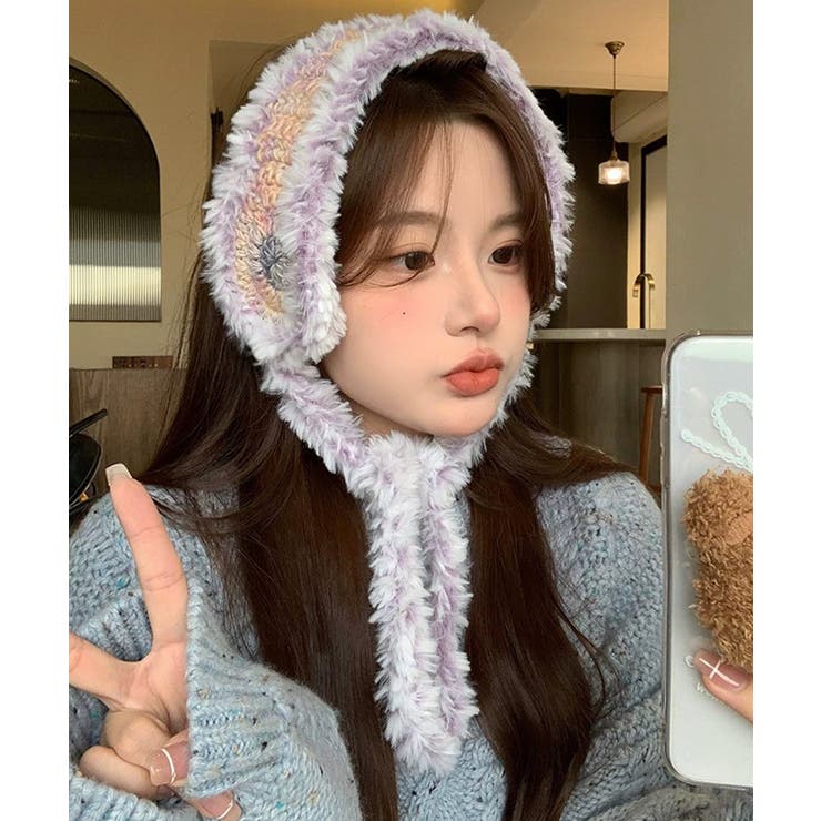 パープル | 冬新作 フェイクファー カラフルニット編み | ShopNikoNiko