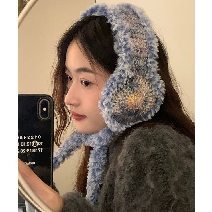 ブルー | 冬新作 フェイクファー カラフルニット編み | ShopNikoNiko