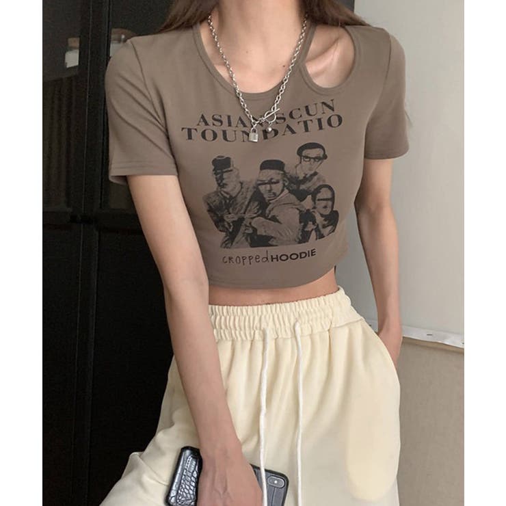 ブラウン | 春新作 ショルダーカットアウト ショート丈チビTシャツ | ShopNikoNiko