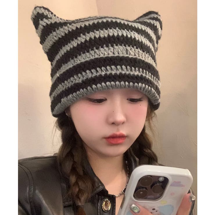 グレー | 冬新作 猫耳 ボーダー | ShopNikoNiko