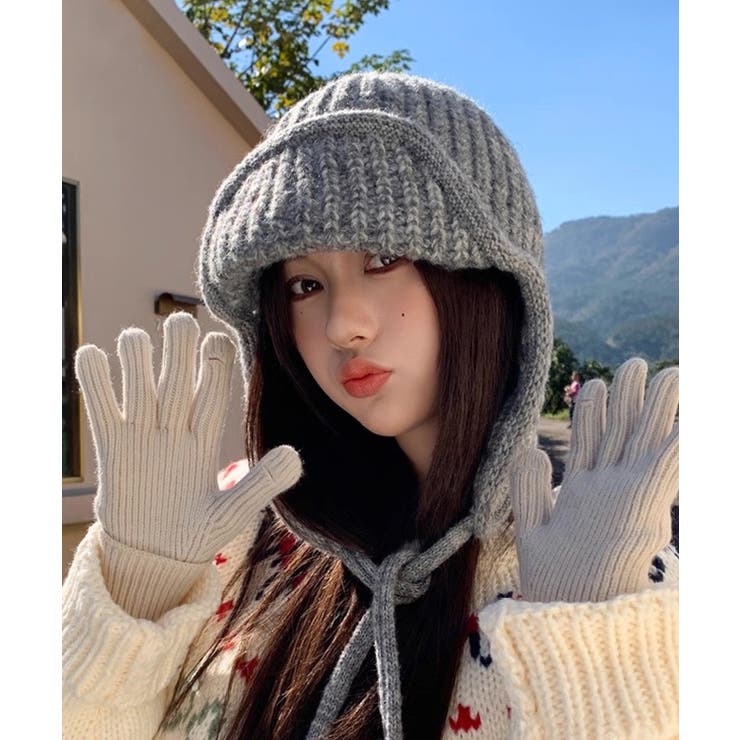 グレー | 冬新作 ストラップ付き フライトニットキャップ雪遊び | ShopNikoNiko