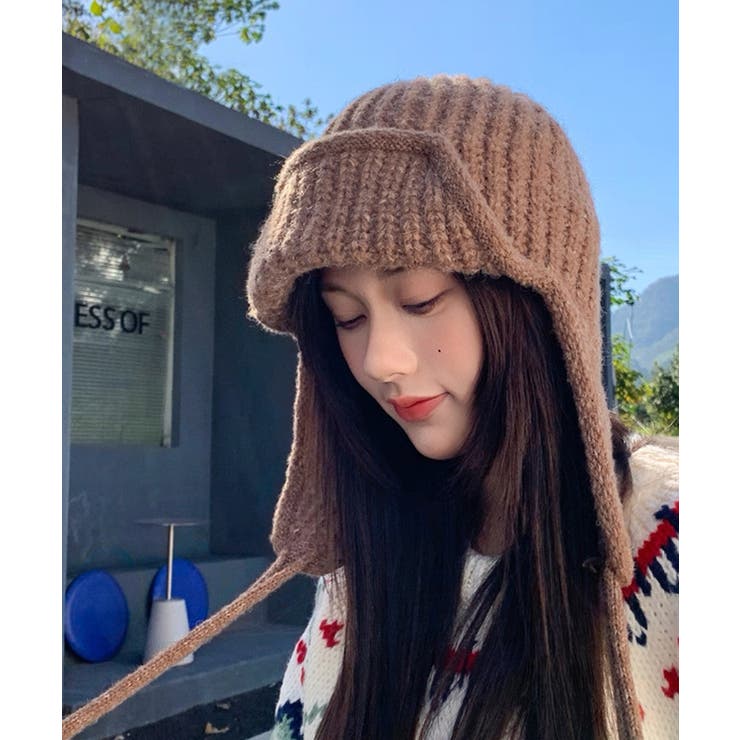 ブラウン | 冬新作 ストラップ付き フライトニットキャップ雪遊び | ShopNikoNiko