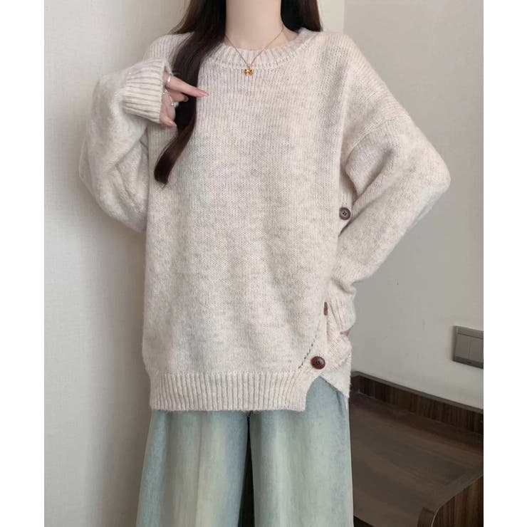 ベージュ | 冬新作 サイドボタンデザイン アシンメトリー | ShopNikoNiko