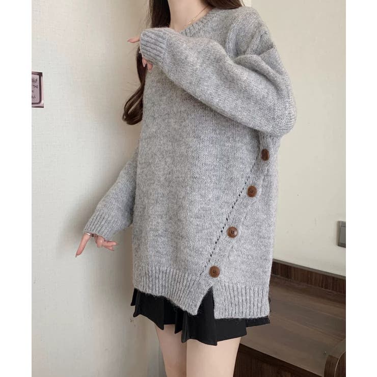 グレー | 冬新作 サイドボタンデザイン アシンメトリー | ShopNikoNiko