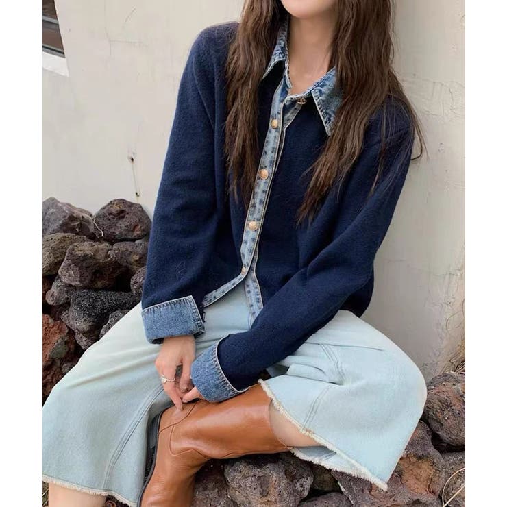 ネイビー | 冬新作 デニムドッキング ニットカーディガントップス | ShopNikoNiko