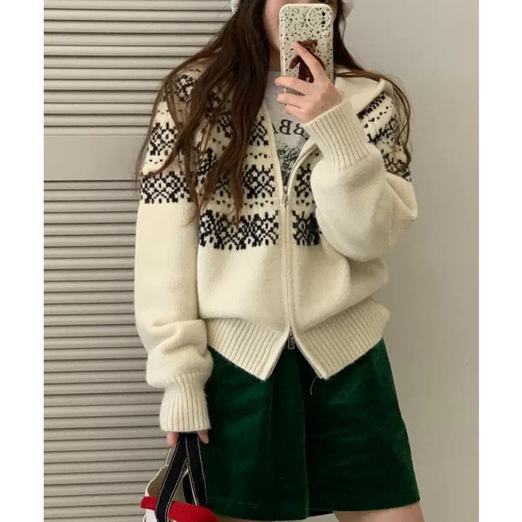 ホワイト | 冬新作 ノルディック柄 ダブルジップアップ | ShopNikoNiko