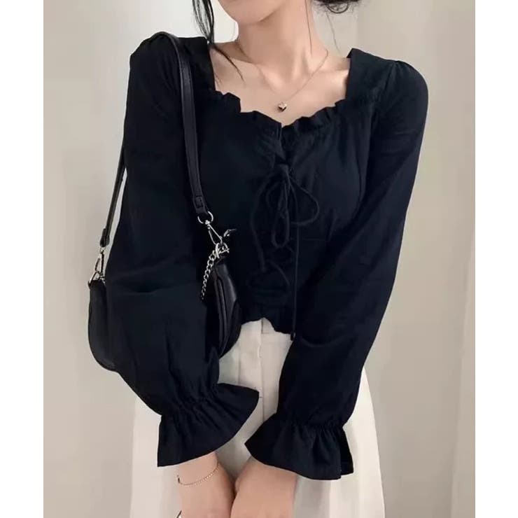 ブラック | 春新作 レースアップリボン フリルネック | ShopNikoNiko