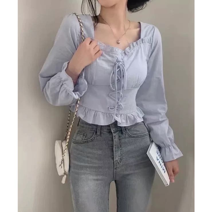 ブルー | 春新作 レースアップリボン フリルネック | ShopNikoNiko
