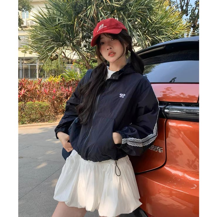 ネイビー | 冬新作 ワンポイントリボン刺繍 袖レースライン | ShopNikoNiko