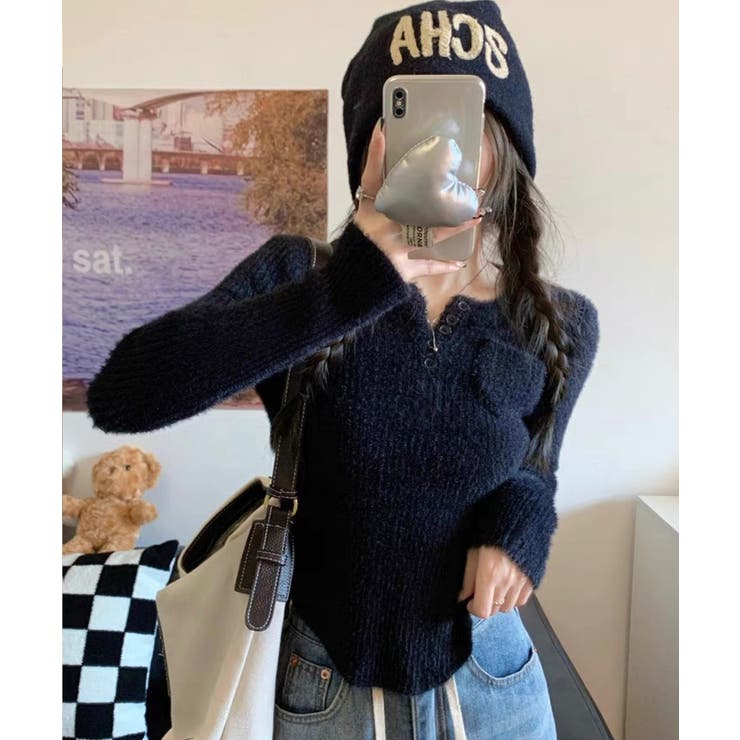 ブラック | 冬新作 ヘンリーネック ポケット付き | ShopNikoNiko