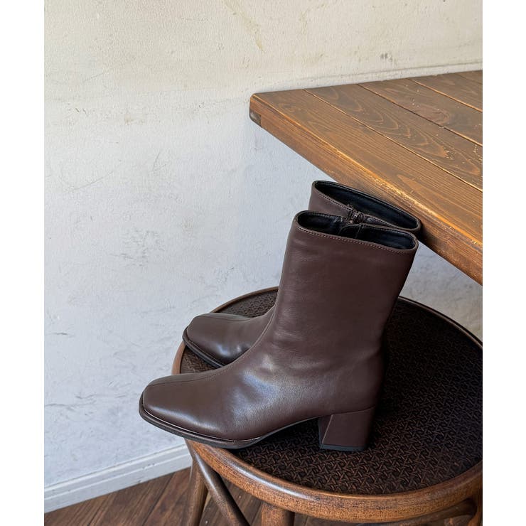 ダークブラウン | 冬新作 スクエアトゥ ミドルブーツ韓国ファッション | ShopNikoNiko
