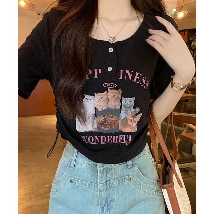 グレー | 冬新作 猫プリント サイドシャーリング | ShopNikoNiko