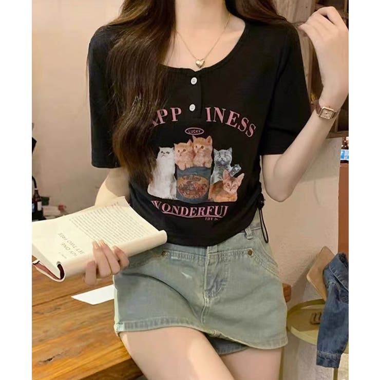 ブラック | 冬新作 猫プリント サイドシャーリング | ShopNikoNiko