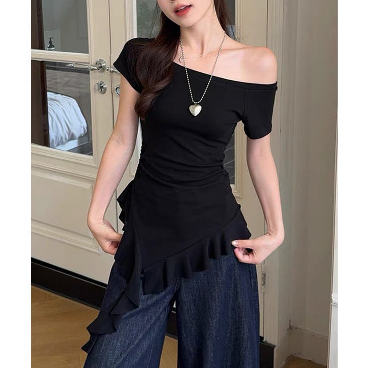 ブラック | 冬新作 ワンショルダー アシメフリル | ShopNikoNiko