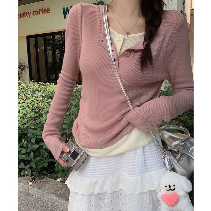 ピンク | 春新作 レイヤード風 ヘンリーネック | ShopNikoNiko