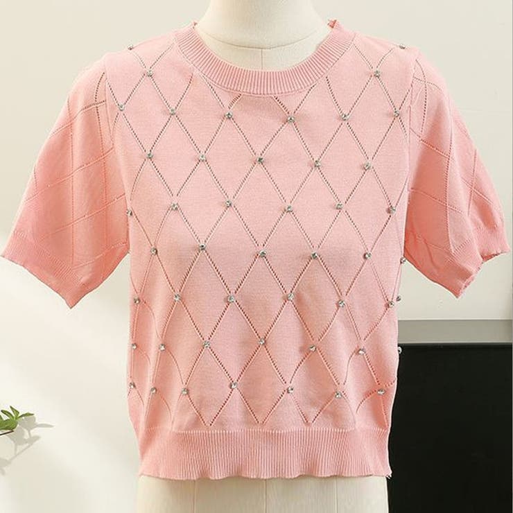 ピンク | ラインストーン付 ニット メッシュ | shoppinggo