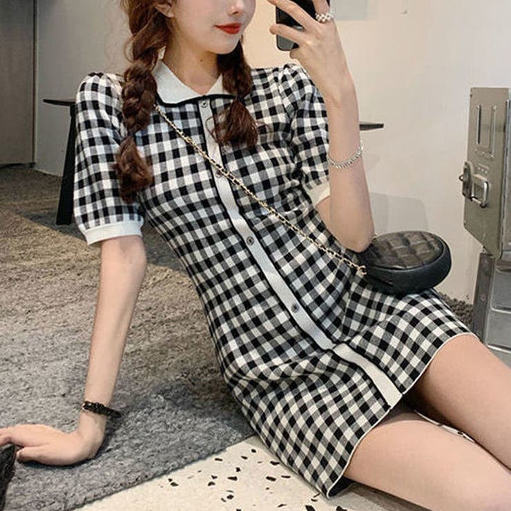 ワンピース ツイード ニット ビジュー 上品 高見え レトロ 韓国 2色 ツイード ニット ワンピース 配色 ひざ上 レトロ感 高見え