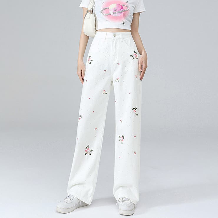 花柄刺 ラインストーン デニムパンツ[品番：JRKW0004875]｜shoppinggo
