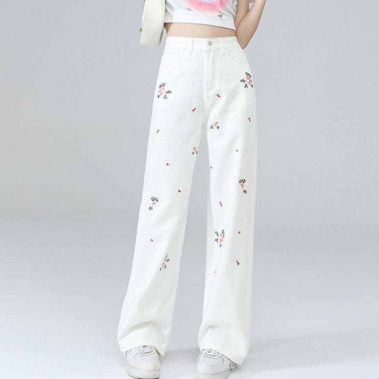 花柄刺 ラインストーン デニムパンツ[品番：JRKW0004875]｜shoppinggo