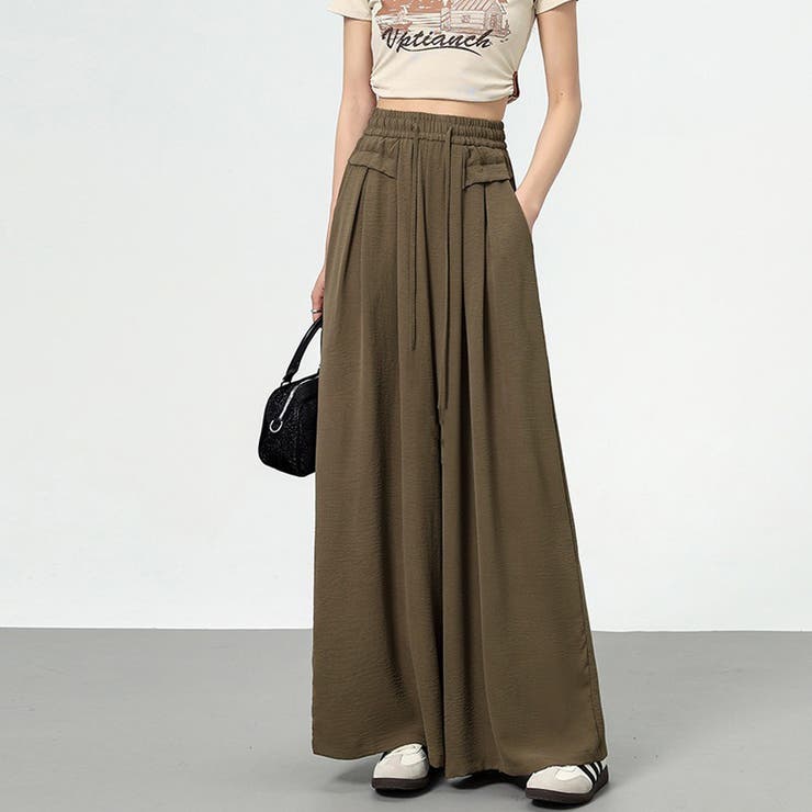 カーキ | ワイドパンツ ガウチョパンツ ハイウエスト | shoppinggo