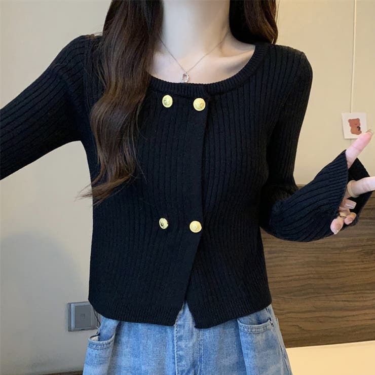 ブラック | リブニット ショート丈 ラウンドネック | shoppinggo