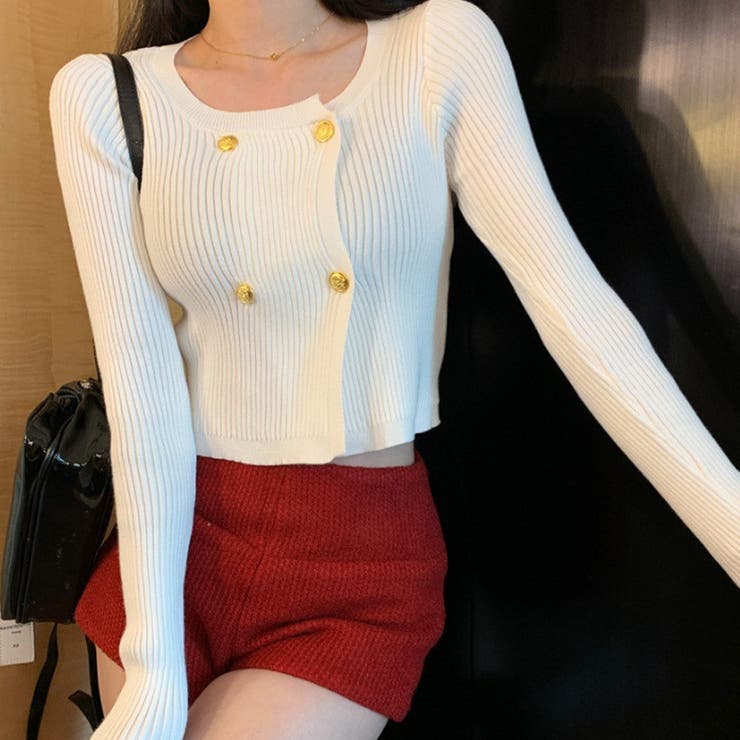 ホワイト | リブニット ショート丈 ラウンドネック | shoppinggo