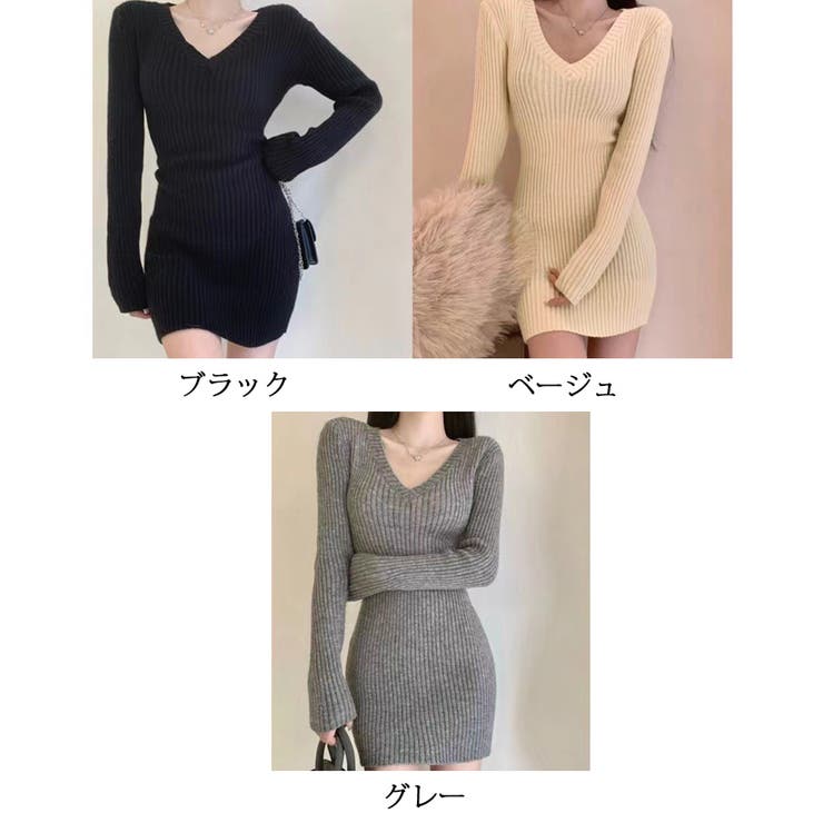 MAGGY LONDON Zoey ★ ノッチ Vネック ひざ丈 タイト ワンピース タイトワンピース ミニ丈 ニットワンピース[品番：JRKW0005241
