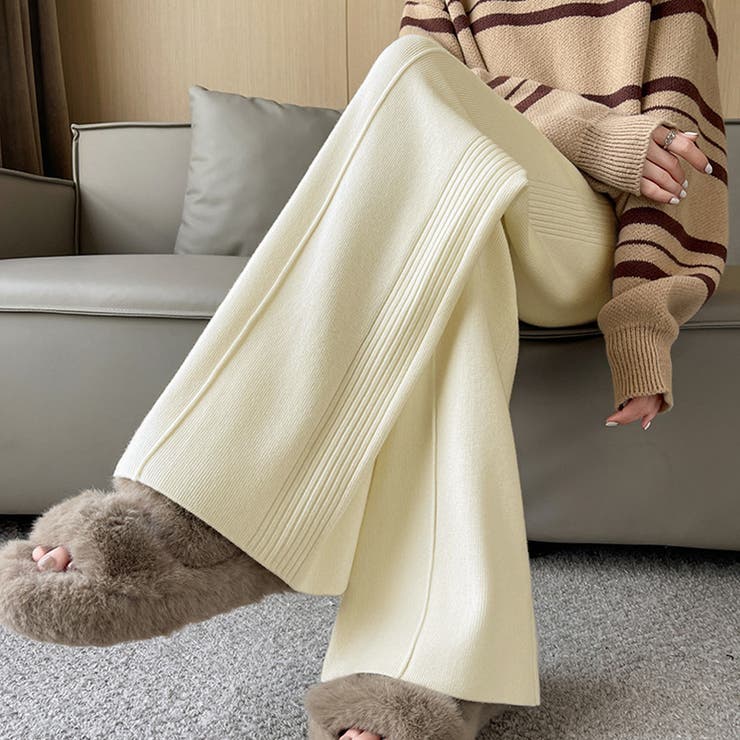 アイボリー | ニットパンツ リブニット ワイドパンツ | shoppinggo