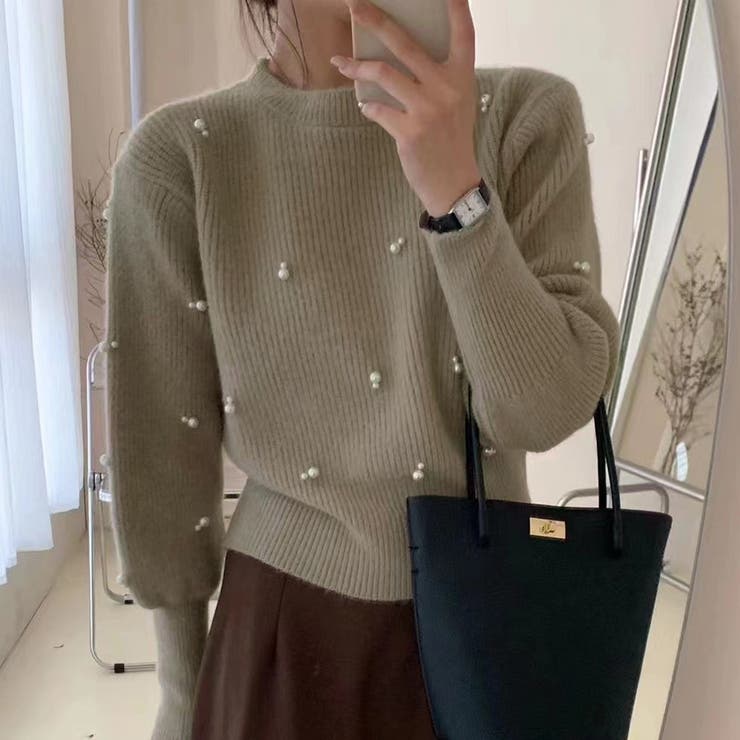 ベージュ | パール付きニット セーター リブ編み | shoppinggo