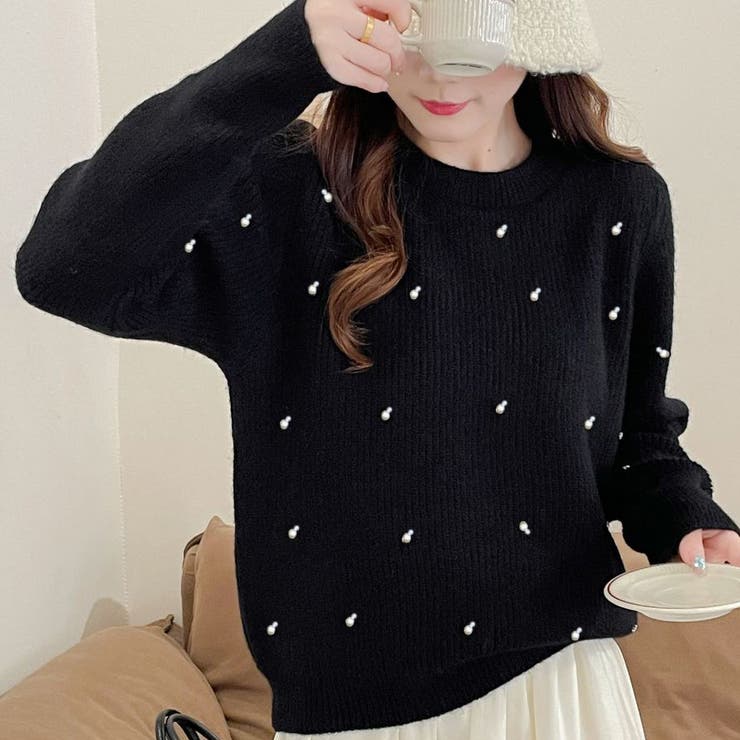 ブラック | パール付きニット セーター リブ編み | shoppinggo