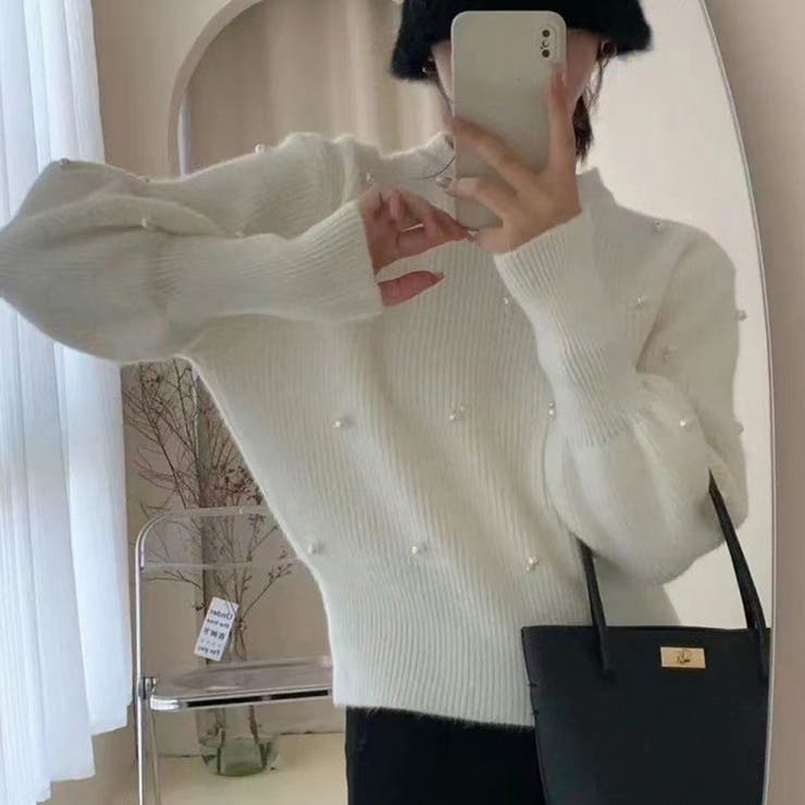 ホワイト | パール付きニット セーター リブ編み | shoppinggo