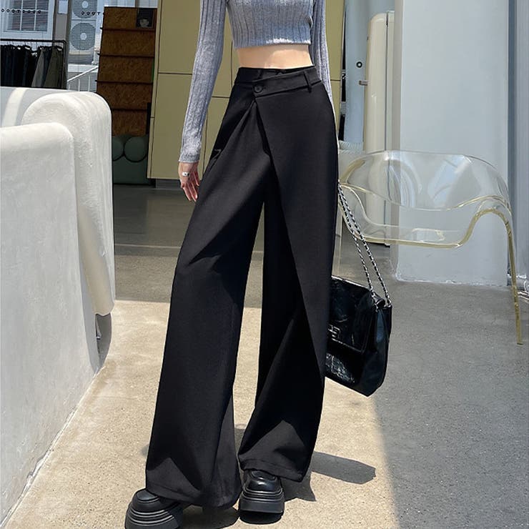 ブラック | ワイドパンツ タック入り ロング丈 | shoppinggo