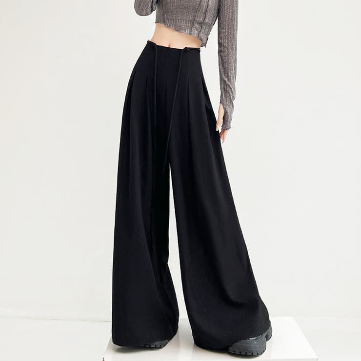 ブラック | ワイドパンツ タック入り ロング丈 | shoppinggo