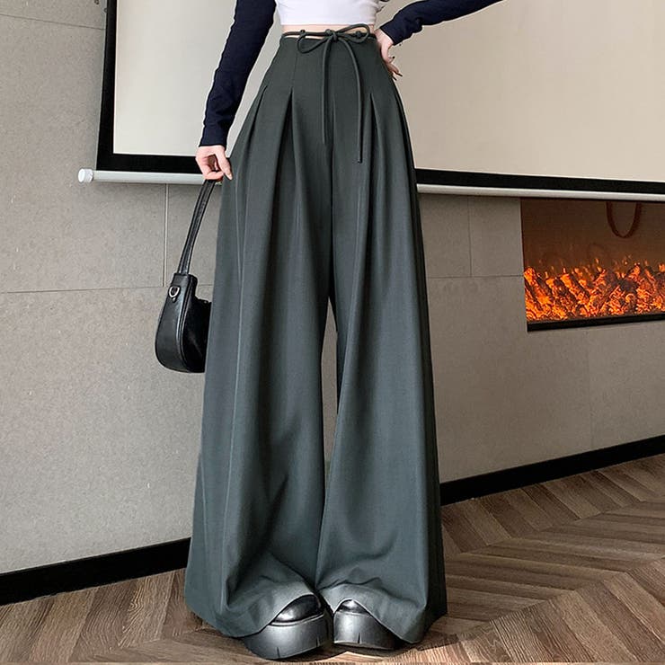 グレー | ワイドパンツ タック入り ロング丈 | shoppinggo